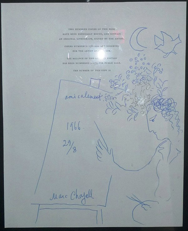 Marc Chagall: Marc Chagall Title: Self portrait with crescent moon Year:1966 Technique: Self portrait with blue ink on the title page Provenance: This piece was acquired directly from Irmgard and Alfred Neuman neig