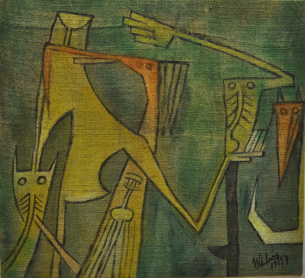WIFREDO LAM Untitled OIL ON YUTE: ORIGINAL WIFREDO LAM SIGNED AND DATED Untitled OIL ON YUTE FRAMED 29' X 27'