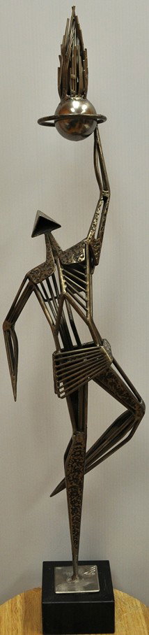 RAFAEL CONSUEGRA CUBAN SCULPTURE: RAFAEL CONSUEGRA CUBAN SCULPTURE ORIGINAL STAINLESS STEEL SCULPTURE ON WOOD "BASKEBOLL" OR BASKETBALL 39" X 8" X 9"