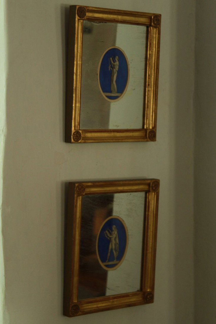 Pair of painted French mirrors with a roman theme: Pair of painted French mirrors with a roman theme