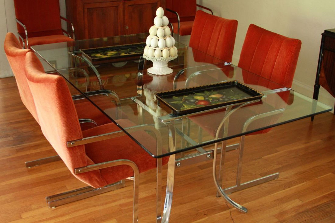 1970's glass dining table and 6 chairs: 1970's glass dining table and 6 chairs