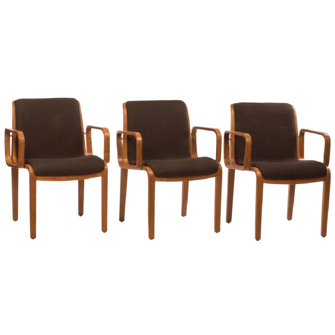 Bill Stephens for Knoll. Set of 6 oakwood armchairs: Bill Stephens for Knoll. Set of 6 oakwood armchairs with brown upholstery. 1970â€™s.