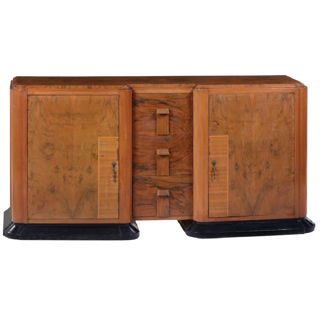 art Deco style root wood bureau with 2 doors, 3 drawers: art Deco style root wood bureau with 2 doors, 3 drawers and ebonized bases. 1920â€™s.