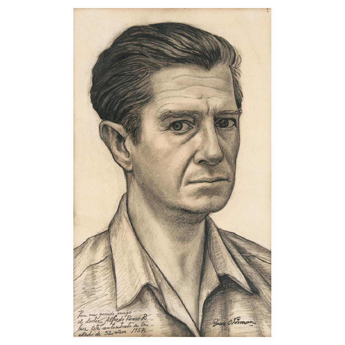 JUAN O'GORMAN, Autorretrato a la edad de 52 anos,: JUAN O'GORMAN, Autorretrato a la edad de 52 anos, Signed and dated 1957, Charcoal on paper, 41 x 25 cm / 16.1 x 9.8 inches, With inscription