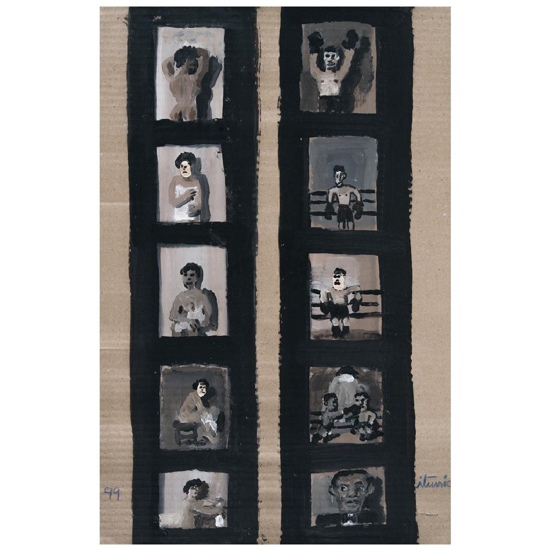 IGNACIO ITURRIA, Tira comica, Signed and dated 99, Oil: IGNACIO ITURRIA, Tira comica, Signed and dated 99, Oil and acrylic on corrugated cardboard, 49.5 x 32.5 cm / 19.4 x 12.7 inches