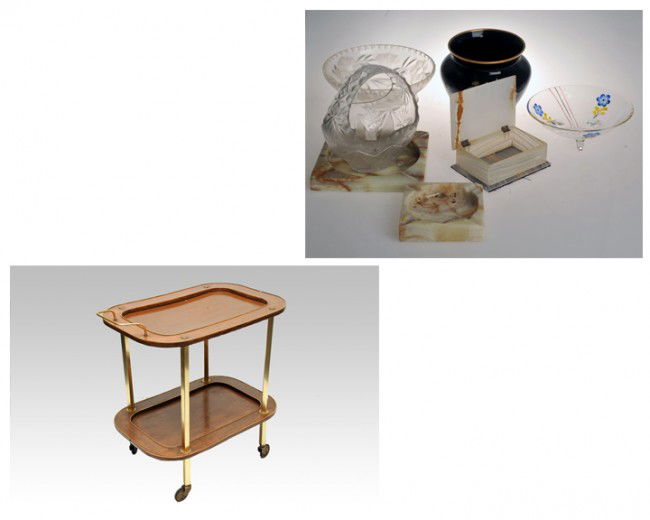Lot of decorative objects: 2 alabastran ashtrays, 4 center table, jewerly box, service car.