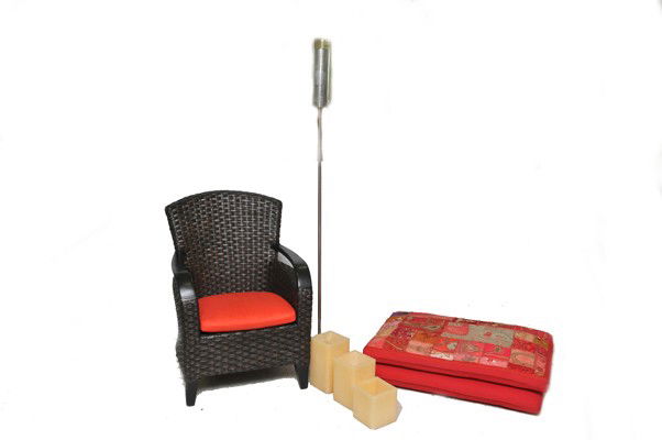 Decorative objects, mix lot: Lot of decorative objects: a) Red Wicked chair b) Metal floor lamp c)Puff, India, Red tapestry d) 3 wax candle containers