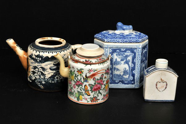 Four decorative objects made on antique china potte: And polychrome enamel. a) Teapot. Landscape decoration. No cover. Presents restoration. b) tea bowl. Floral decoration. c) kettle. Pink family style. Decorated with floral and bird motifs. d) containe