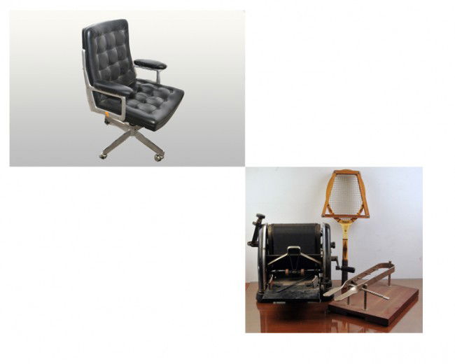 Mix lot of decorative art objects: a) Mimeograph. Made of metal. Black. Dimensions: 46 x 42 cm. b) racket. Mark Wilson. Model Tony Trabert Autograph.c) Basis for ham. Produced in metal and wood. Dimensions: 46 x 32 cm.d) Chair. Made in