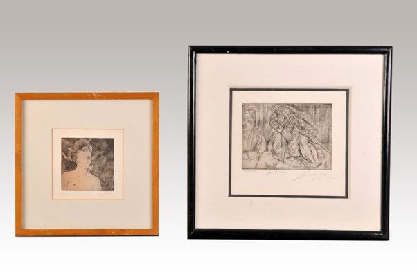 Two paintings. Signed Nunik Sauret and Jose L Cuevas: Dos obras pictóricas.a) Nunik Sauret. Sin título. Grabado 18/27. Firmado. Fechado 1984. Enmarcado. Dimensiones: 11.5 x 11.7 cm.b) José Luis Cuevas. "La Bruja". Grabado P.E. Firmado. Fechado 1983. E