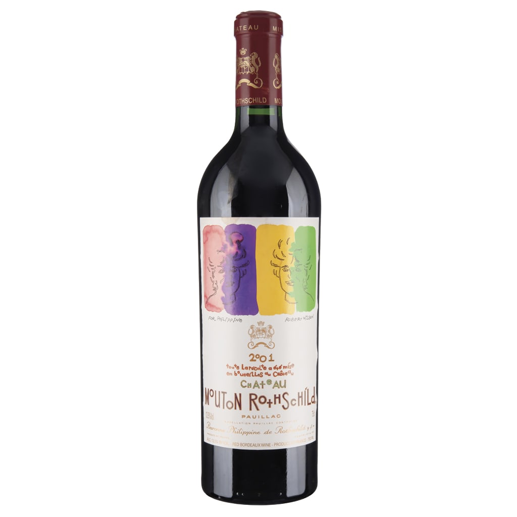 Château Mouton Rothschild: 2001. Pauillac, Francia. Nivel: llenado alto. 89/100. Etiqueta con: Château Mouton Rothschild: 2001. Pauillac, Francia. Nivel: llenado alto. 89/100. Etiqueta con diseño del artista Robert Wilson.