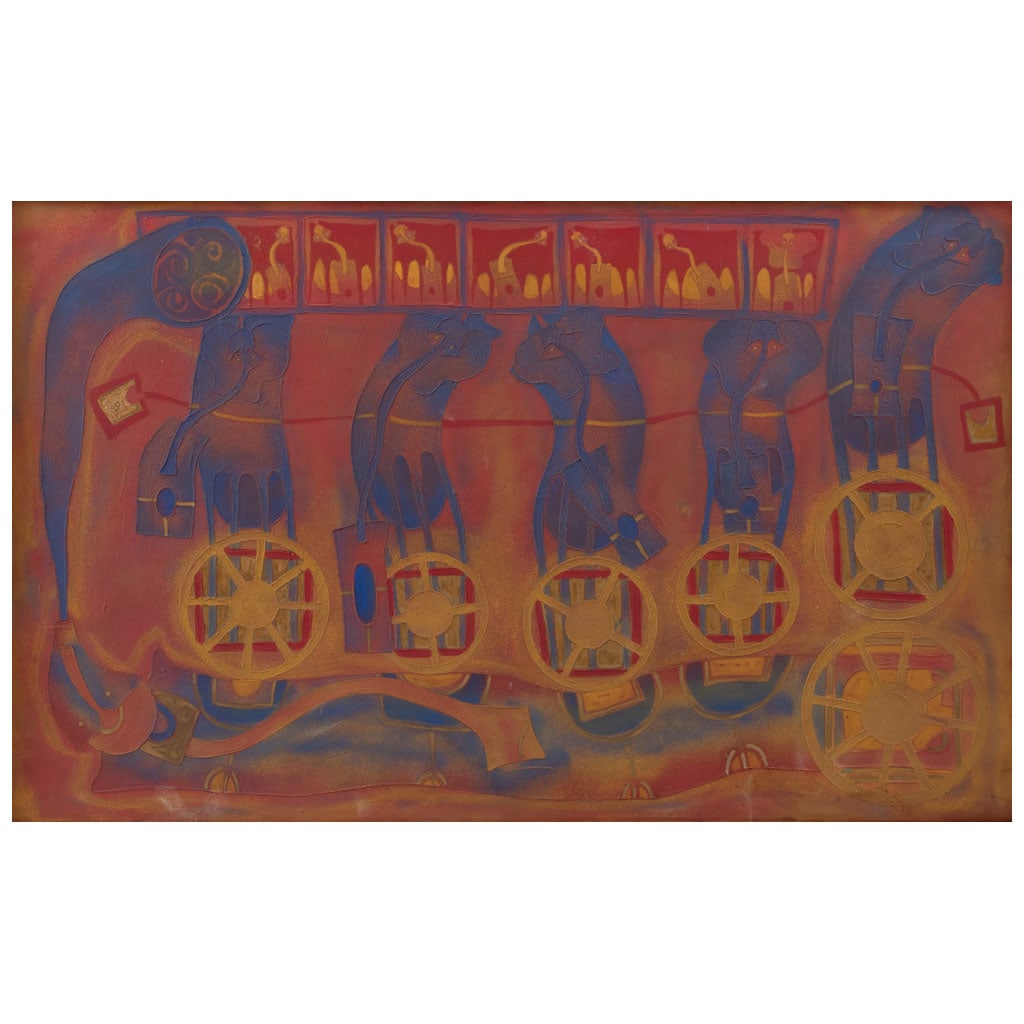 ROLANDO ROJAS(Tehuantepec, Oaxaca, 1970 - ) Elefantes en Equilibrio Firmado y fechado 2001 al: ROLANDO ROJAS(Tehuantepec, Oaxaca, 1970 - )Elefantes en EquilibrioFirmado y fechado 2001 al reversoÓleo y arena sobre telaCon certificado de autenticidad de la galería Gallego Gallego firmado por el