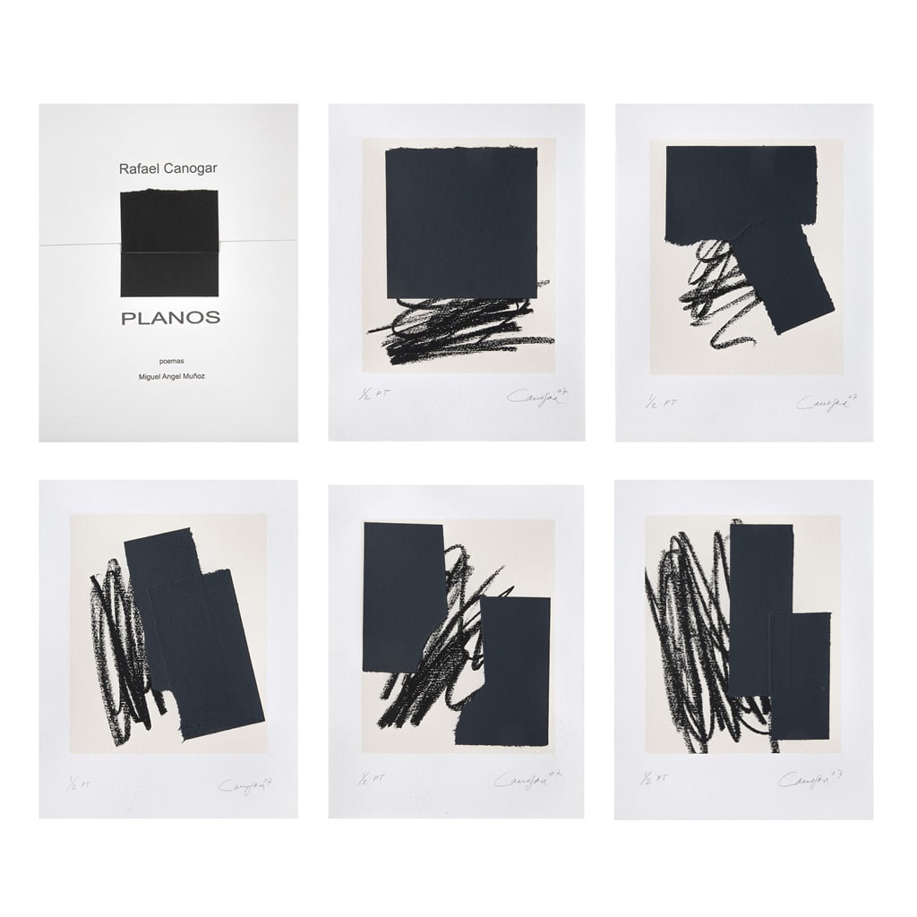 RAFAEL CANOGAR(Toledo, España, 1935 - ) Planos Firmadas y fechadas 07Serigrafías 1 / 2 P /: RAFAEL CANOGAR(Toledo, España, 1935 - )PlanosFirmadas y fechadas 07Serigrafías 1 / 2 P / TPiezas: 5, en carpeta entelada.Cada una con sello de agua de Enrique Cattaneo.Incluye cinco poemas de Miguel