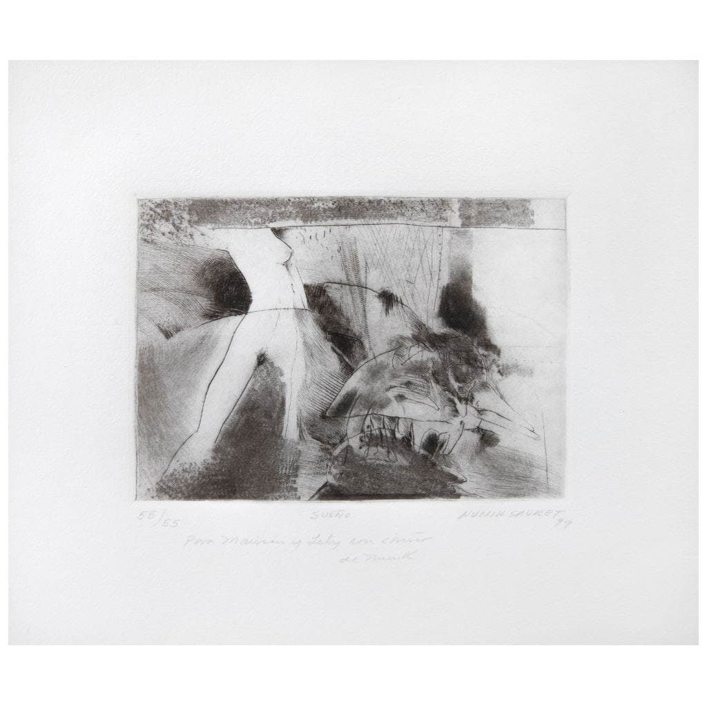 NUNIK SAURET(Ciudad de México, 1951 - ) Sueño Firmado y fechado 99Grabado al aguafuerte y: NUNIK SAURET(Ciudad de México, 1951 - )SueñoFirmado y fechado 99Grabado al aguafuerte y aguatinta 55 / 55Con dedicatoria.12 x 17 cm medidas de la imagen24 x 29 cm medidas del papel
