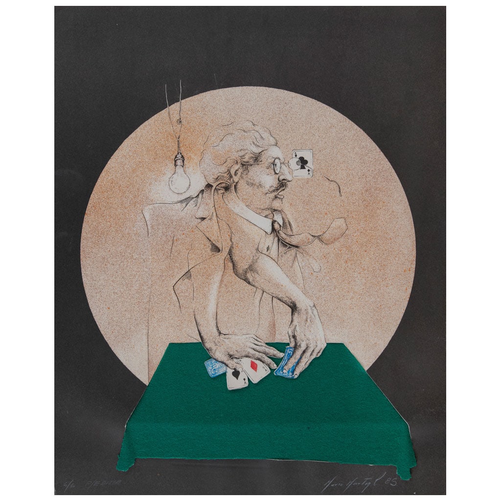 MARIO MART?N DEL CAMPO(Guadalajara, Jalisco, 1947 - ) Card player Firmada y fechada: MARIO MART?N DEL CAMPO(Guadalajara, Jalisco, 1947 - )Card playerFirmada y fechada 85Litografía y collage P / Editor 6 / 645 x 36 cm medidas totales