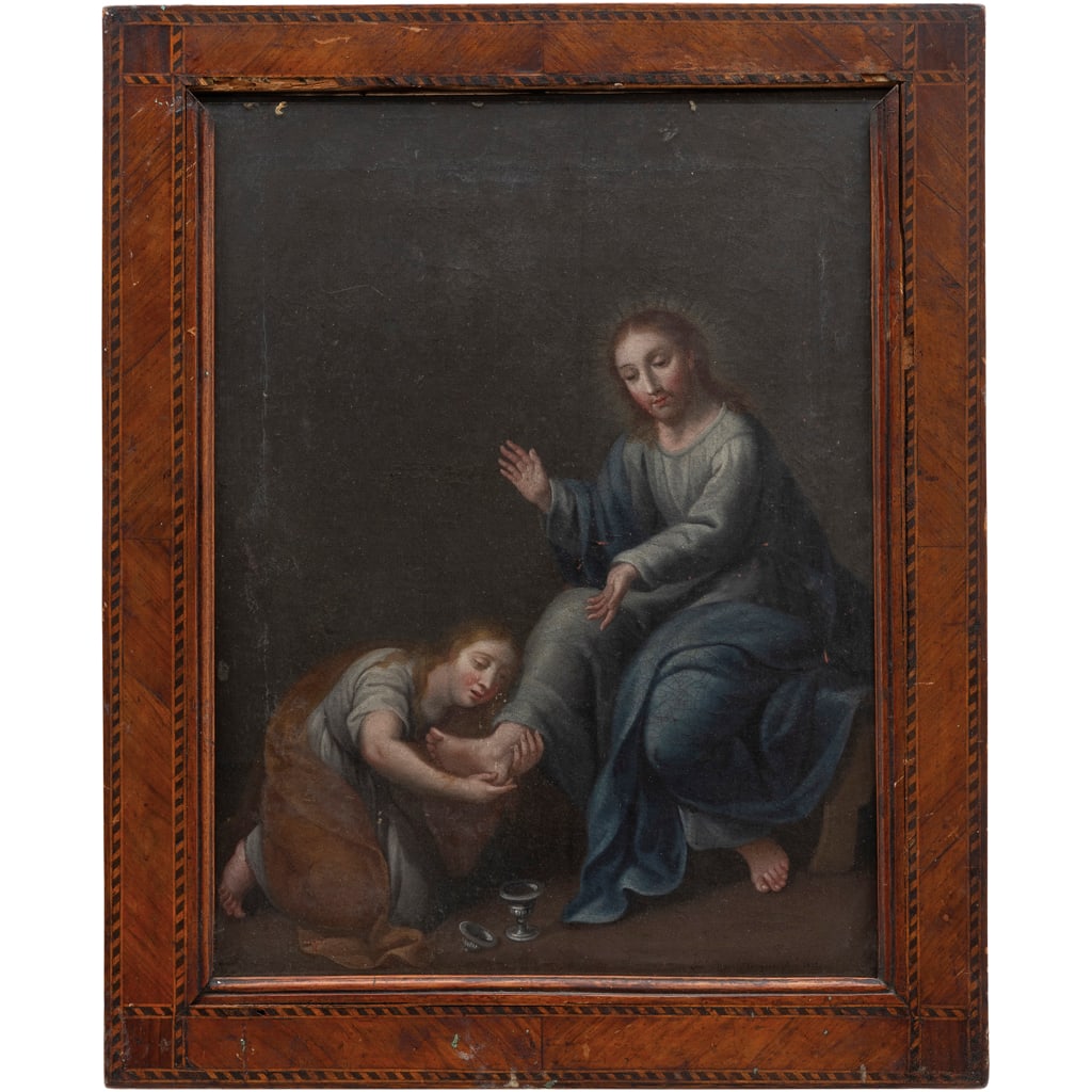 JOSÉ MAR?A V?ZQUEZ (MÉXICO, 1765-CA. 1826)MAR?A MAGDALENA LAVÓ CON SUS L?GRIMAS LOS PIES A: JOSÉ MAR?A V?ZQUEZ (MÉXICO, 1765-CA. 1826)MAR?A MAGDALENA LAVÓ CON SUS L?GRIMAS LOS PIES A NUESTRO SEÑOR JESUCRISTO Óleo sobre telaFirmado al frente "José Ma. Vázquez pinto 1823"Detalles de con