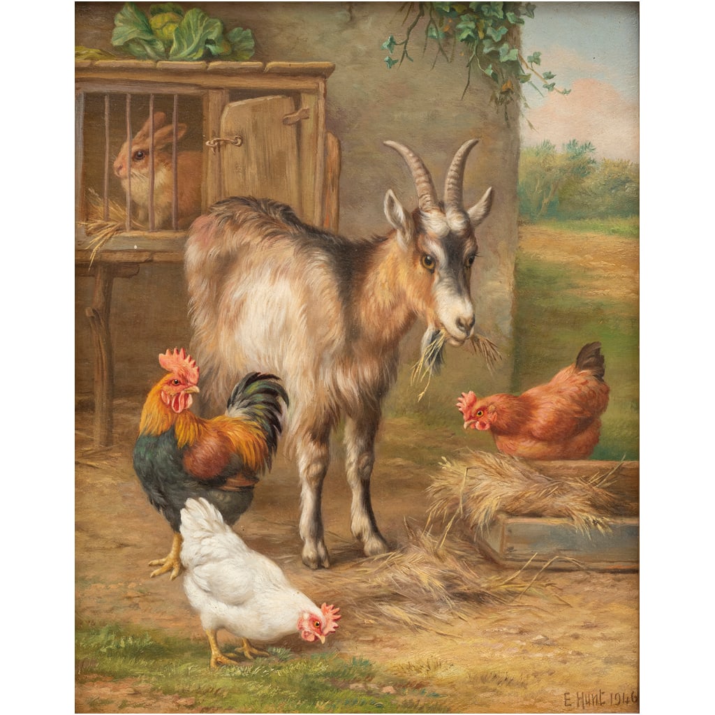 EDGAR HUNT(GRAN BRETAÑA, 1876 - 1953)CABRAS Y POLLOS JUNTO A UNA MADRIGUERAÓleo sobre aglomerado: EDGAR HUNT(GRAN BRETAÑA, 1876 - 1953)CABRAS Y POLLOS JUNTO A UNA MADRIGUERAÓleo sobre aglomerado de maderaFirmado y fechado "E.HUNT 1946"Detalles de conservación24 x 19.5 cm