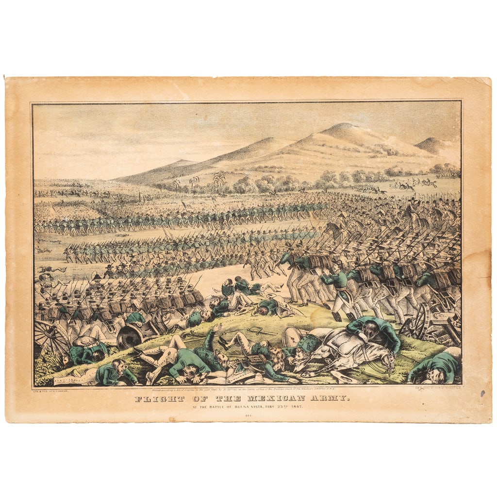 NATHANIEL CURRIER (ESTADOS UNIDOS DE AMÉRICA 1813 - 1888)FLIGHT OF THE MEXICAN ARMY AT THE BATTLE: NATHANIEL CURRIER (ESTADOS UNIDOS DE AMÉRICA 1813 - 1888)FLIGHT OF THE MEXICAN ARMY AT THE BATTLE OF BUENA VISTA FEB. 23, 1847NEW YORK : PUBLISHED BY N. CURRIER, 1847.Litografía coloreada, 25.5 x 35