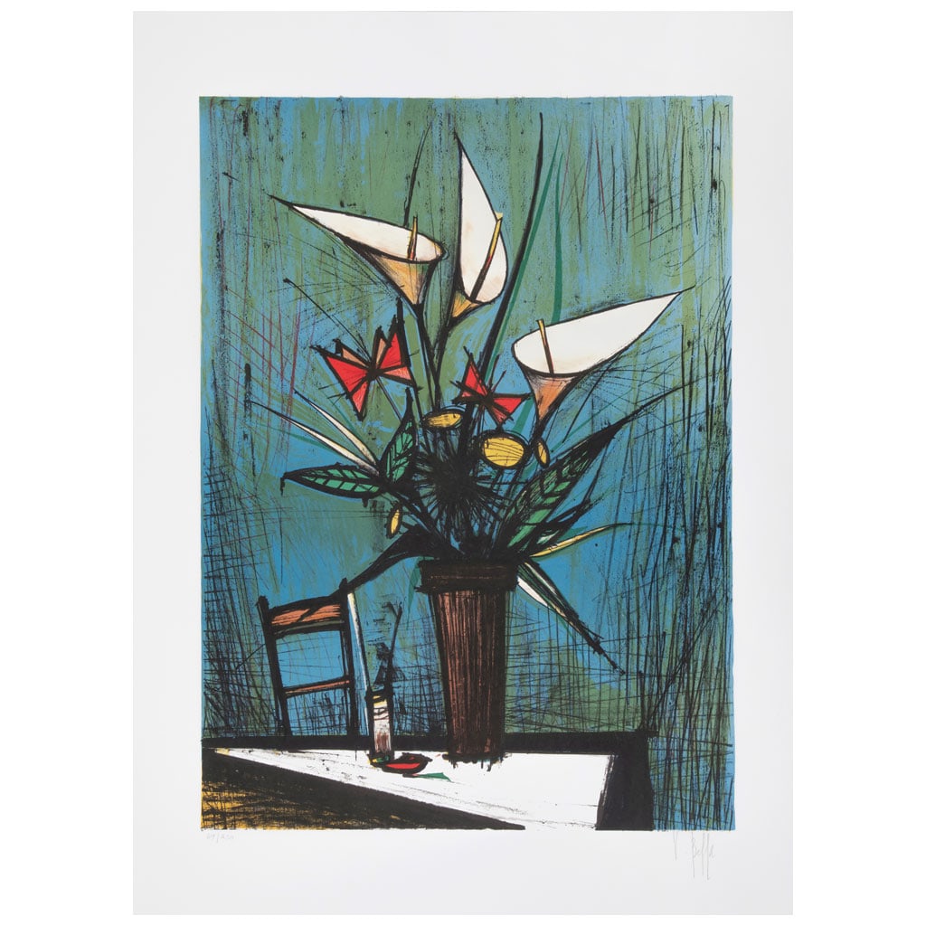 BERNARD BUFFET(Francia, 1928 - Francia, 1999) Flowers, ca. 1977 Firmada a lápiz V.: BERNARD BUFFET(Francia, 1928 - Francia, 1999)Flowers, ca. 1977Firmada a lápiz V. BeffaLitografía offset 69 / 250V. Beffa fue el pseudónimo empleado por Bernand Buffet en diversas ocasiones.61 x 45