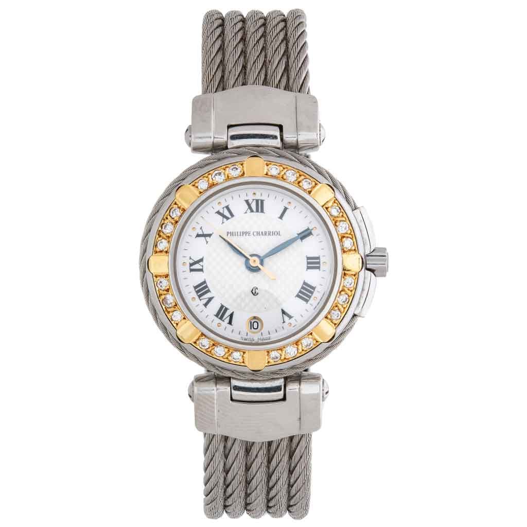 RELOJ PHILIPPE CHARRIOL LADY CON DIAMANTES EN ACERO Y ORO AMARILLO DE 18K Movimiento:: RELOJ PHILIPPE CHARRIOL LADY CON DIAMANTES EN ACERO Y ORO AMARILLO DE 18KMovimiento: cuarzoCalibre: ETA 956 112Serie: 53.9X.XXXXCaja: circular de 26 mm en acero. Cristal.Carátula: blanca con índices