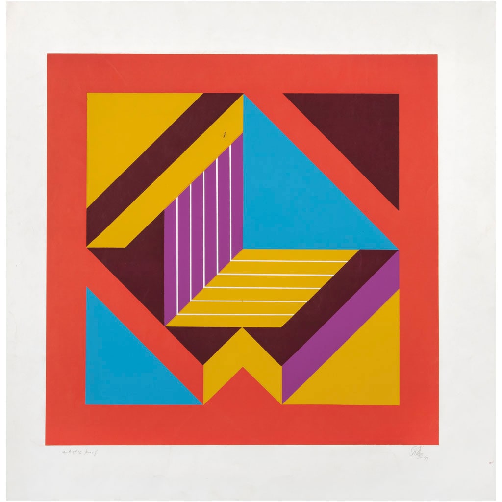 KAZUYA SAKAI. Sin título. Firmada y fechada 71. Serigrafía Artist's proof. 45 x 45 cm imagen /: KAZUYA SAKAI(Argentina, 1927 - E.E. U.U., 2001)Sin títuloFirmada y fechada 71Serigrafía Artist's proofPresenta detalles de conservación.45 x 45 cm medidas de la imagen61.75 x 57 cm medidas del pape