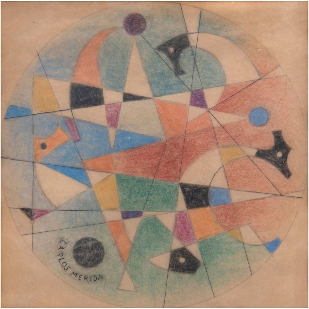 CARLOS MÉRIDA. Boceto para una mesa. Firmado. Lápices de color y tinta sobre papel. 17.5 x 17.5 cm: CARLOS MÉRIDA(Guatemala, 1891 - Ciudad de México, 1984)Boceto para una mesaFirmadoLápices de color y tinta sobre papelProcedencia: perteneció a la colección de la Familia Keller.Presenta detalles