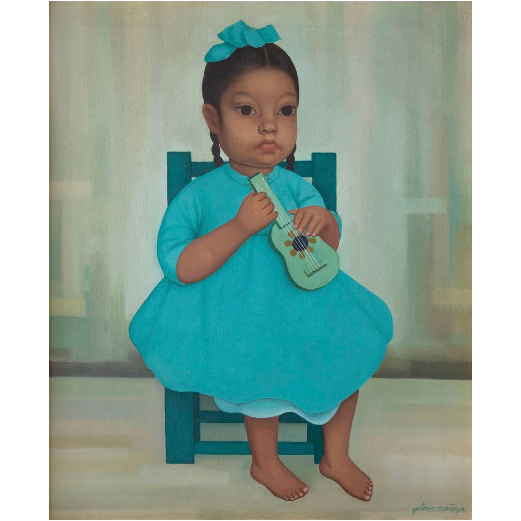 GUSTAVO MONTOYA. Niña con mandolina, de la serie Niños Mexicanos. Firmado. Óleo sobre tela. 55.5 (1 of 1)