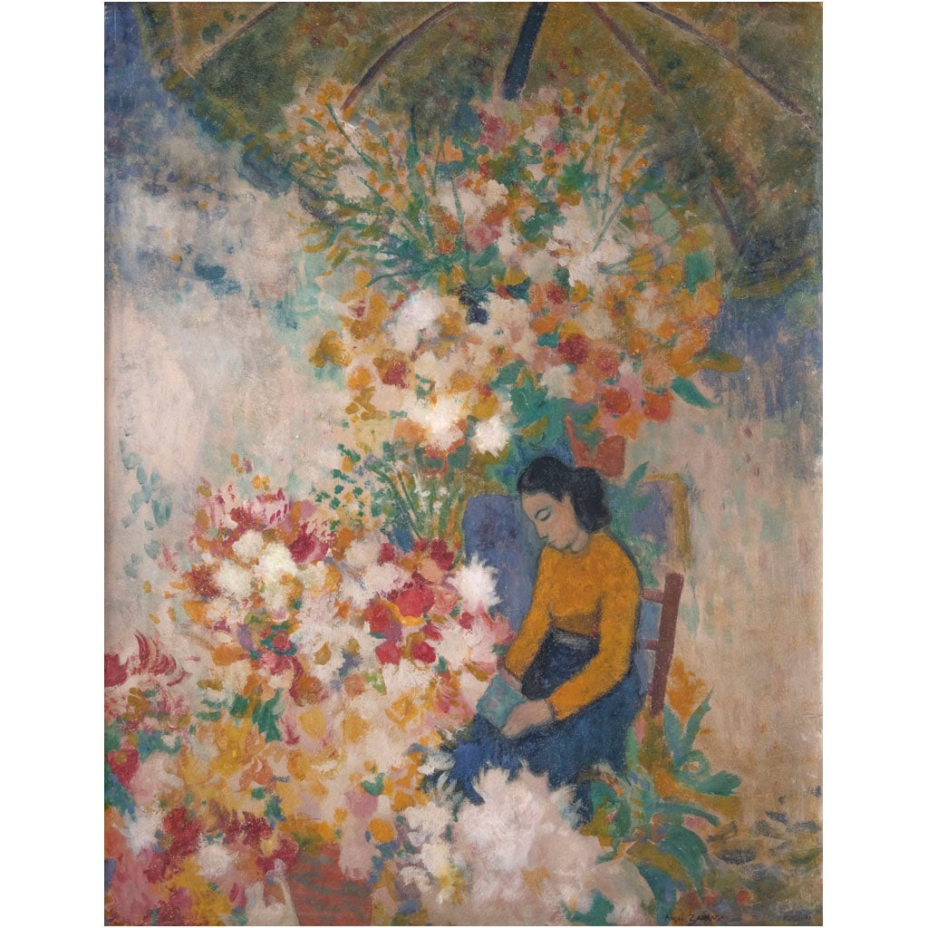 ?NGEL Z?RRAGA. Fleuriste lisant. Firmado. Óleo sobre cartoncillo. 70 x 55.5 cm. Con certificado.: ?NGEL Z?RRAGA(Victoria de Durango, 1886 - Ciudad de México, 1946)Fleuriste lisantFirmadoÓleo sobre cartoncilloCon certificado de autenticidad del Colegiado ?ngel Zárraga, firmado por Fernando Zárr