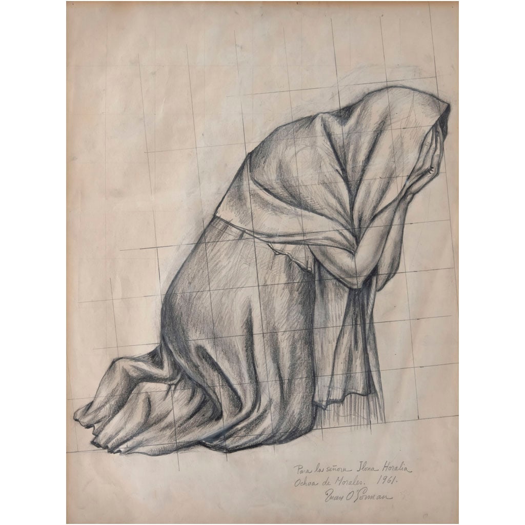 JUAN O'GORMAN. Boceto para el fresco "Retablo de la Independencia". Firmado. Lápiz de grafito sobre: JUAN O'GORMAN(Ciudad de México, 1905 - Ciudad de México, 1982)Boceto para el fresco "Retablo de la Independencia"FirmadoLápiz de grafito sobre papelCon dedicatoria fechada 1961 a Ilona Horalia Ocho