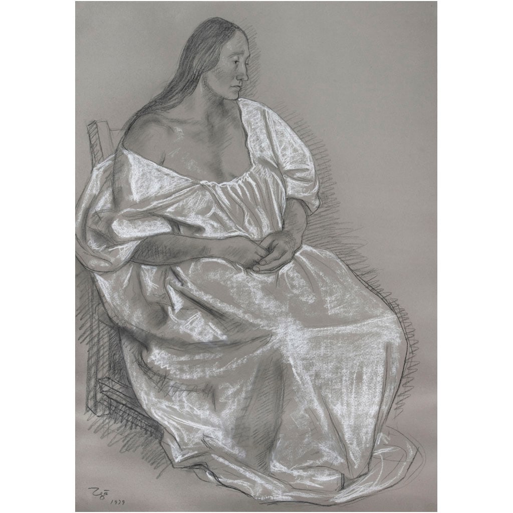 FRANCISCO ZÚÑIGA. Silvia sentada con bata blanca. Firmado y fechado 1979. Crayón y pastel sobre (1 of 1)