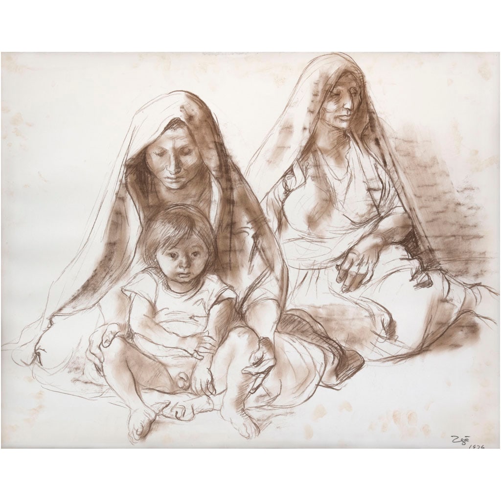 FRANCISCO ZÚÑIGA. Mujeres con niño. Firmado y fechado 1976. Pastel y conté sobre papel. 56 x 76 (1 of 1)