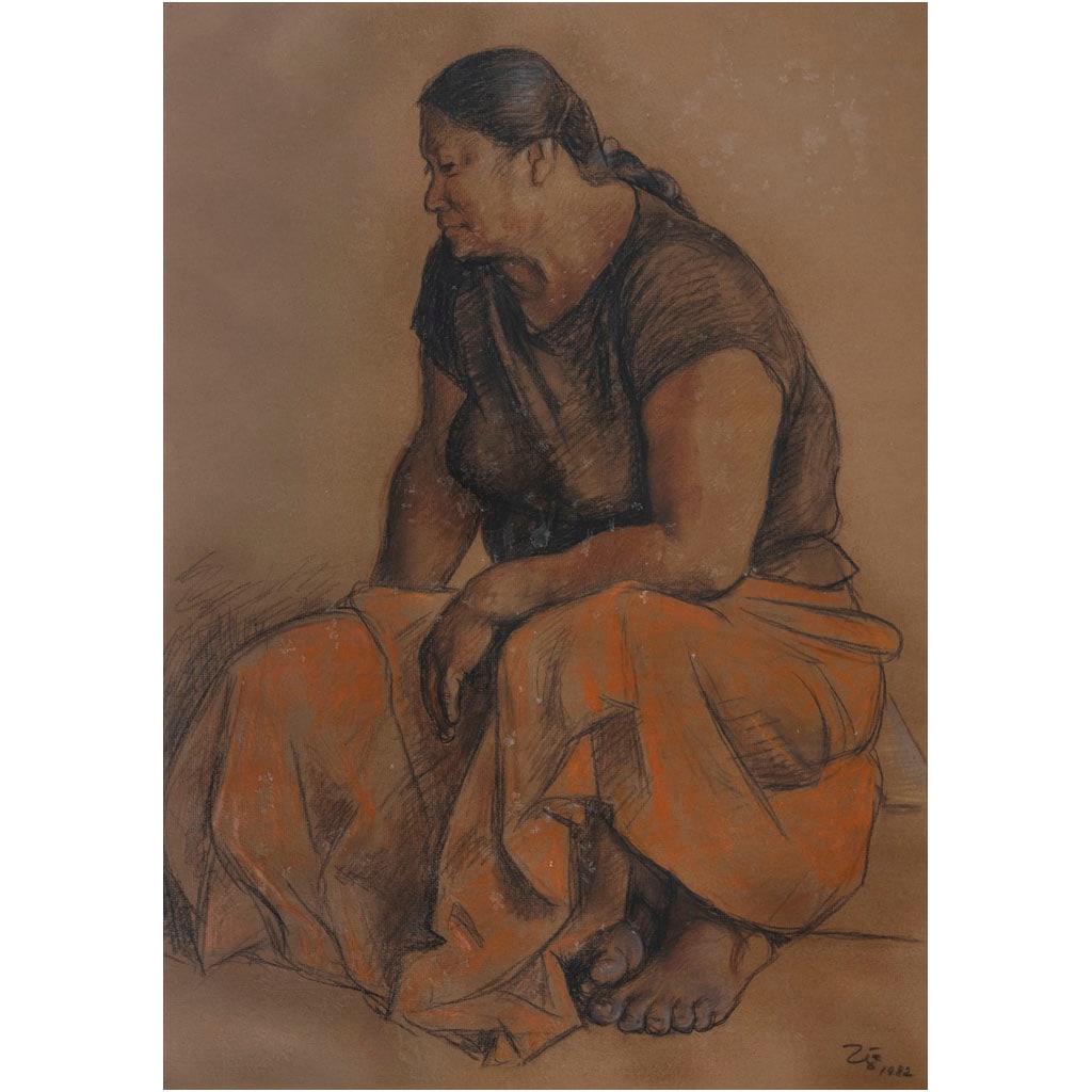 FRANCISCO ZÚÑIGA. Falda naranja. Firmado y fechado 1982. Crayón y pastel sobre papel. 70 x 49.5 (1 of 1)