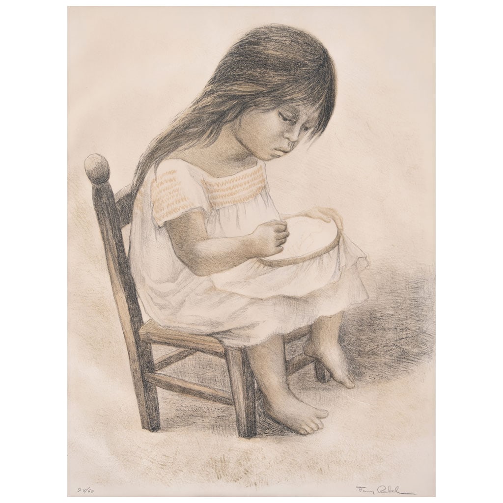 FANNY RABEL. Niña bordando. Firmada. Litografía 28 / 60. 68 x 51.5 cm medidas totales (1 of 1)
