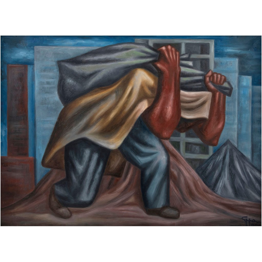 FRANCISCO EPPENS. Albañil con costal. Firmado y fechado 1986. Óleo sobre masonite. 67 x 90 cm: FRANCISCO EPPENS (San Luis Potosí, México, 1913 - Ciudad de México, 1990) Albañil con costalFirmado y fechado 1986Óleo sobre masoniteProcedencia: perteneció a la colección de Gabriela Eppens.Pu