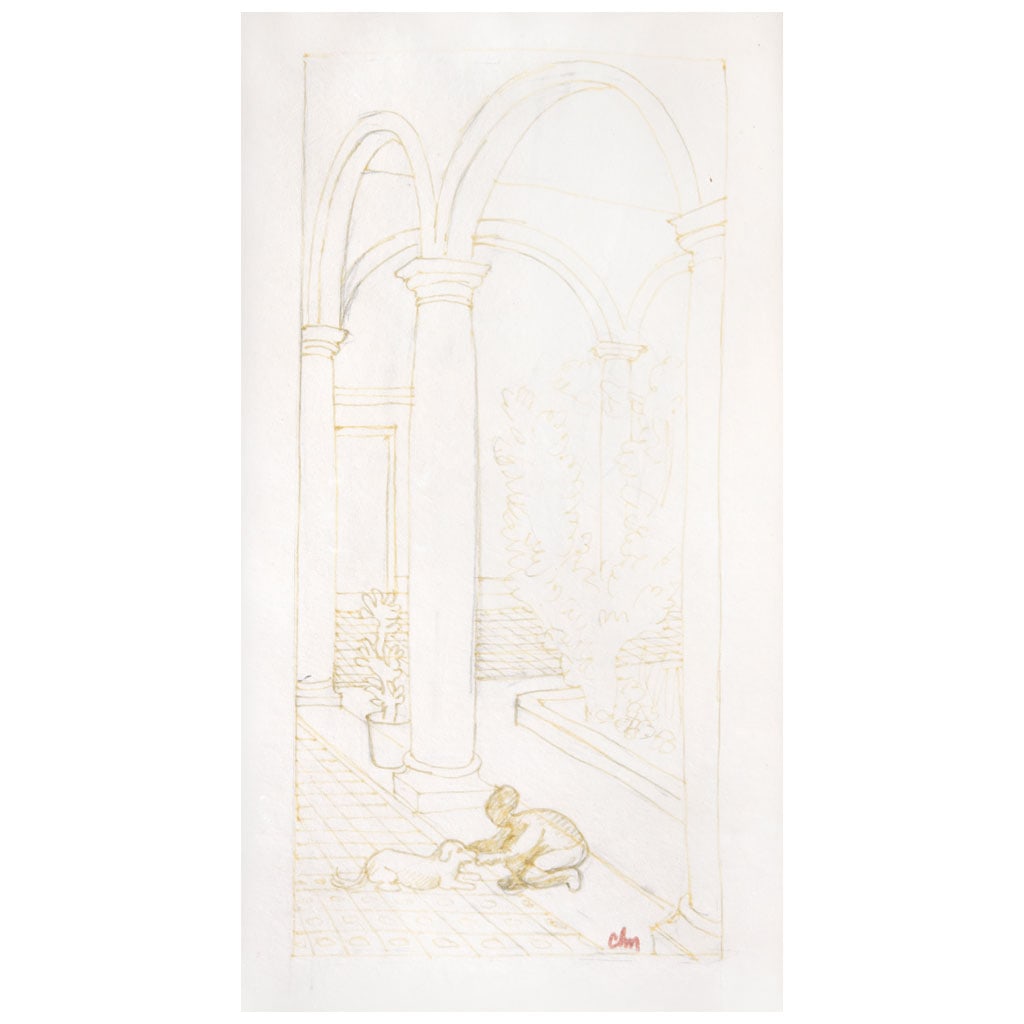 JOSÉ CH?VEZ MORADO. El patio. Firmada. Tinta y lápiz de grafito sobre papel. 28.5 x 16 cm. Con (1 of 1)