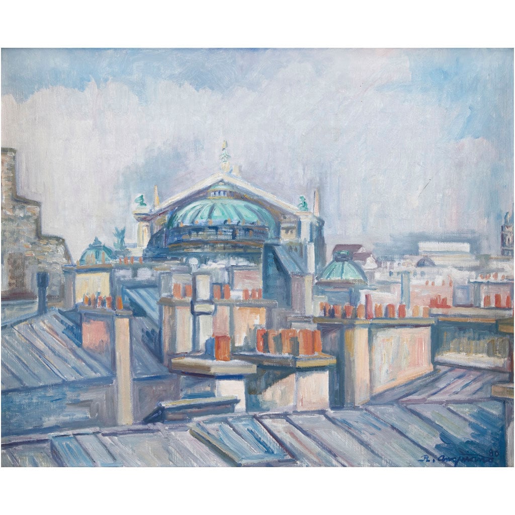 RAÚL ANGUIANO. L'Opéra de Paris / Tejados de París desde mi ventana. Firmado y fechado 80. Óleo: RAÚL ANGUIANO(Jalisco, 1915 - Ciudad de México, 2006)L'Opéra de Paris / Tejados de París desde mi ventanaFirmado y fechado 80 al frente y al reversoÓleo sobre tela38 x 46 cm