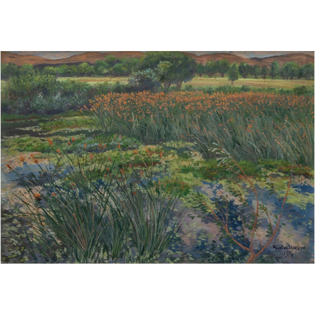 NICOL?S MORENO. Tular florecido. Firmado y fechado 1973. Óleo sobre tela sobre madera. 33 x 48 cm (1 of 1)