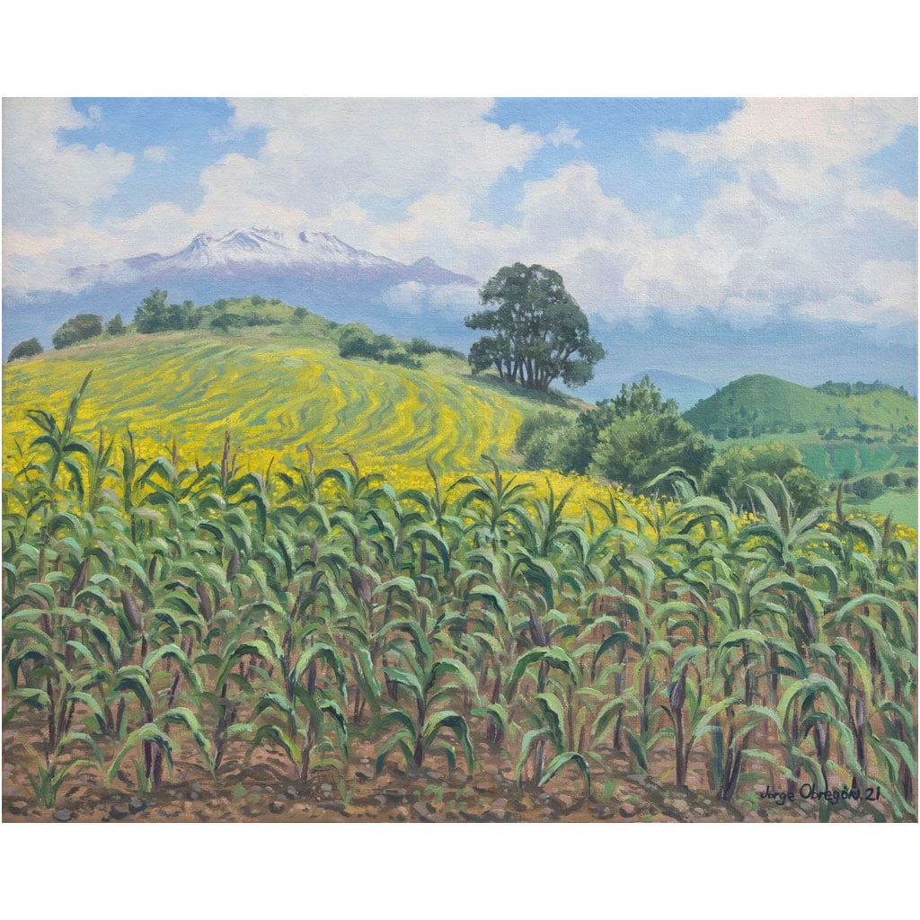 JORGE OBREGÓN. La fertilidad de la milpa. Firmado y fechado 21. Óleo sobre tela. 40 x 50 cm: JORGE OBREGÓN(México, 1972 - )La fertilidad de la milpaFirmado y fechado 21 al frente y al reversoÓleo sobre telaProcedencia: perteneció a la colección de la Familia Keller.Presenta detalles de c