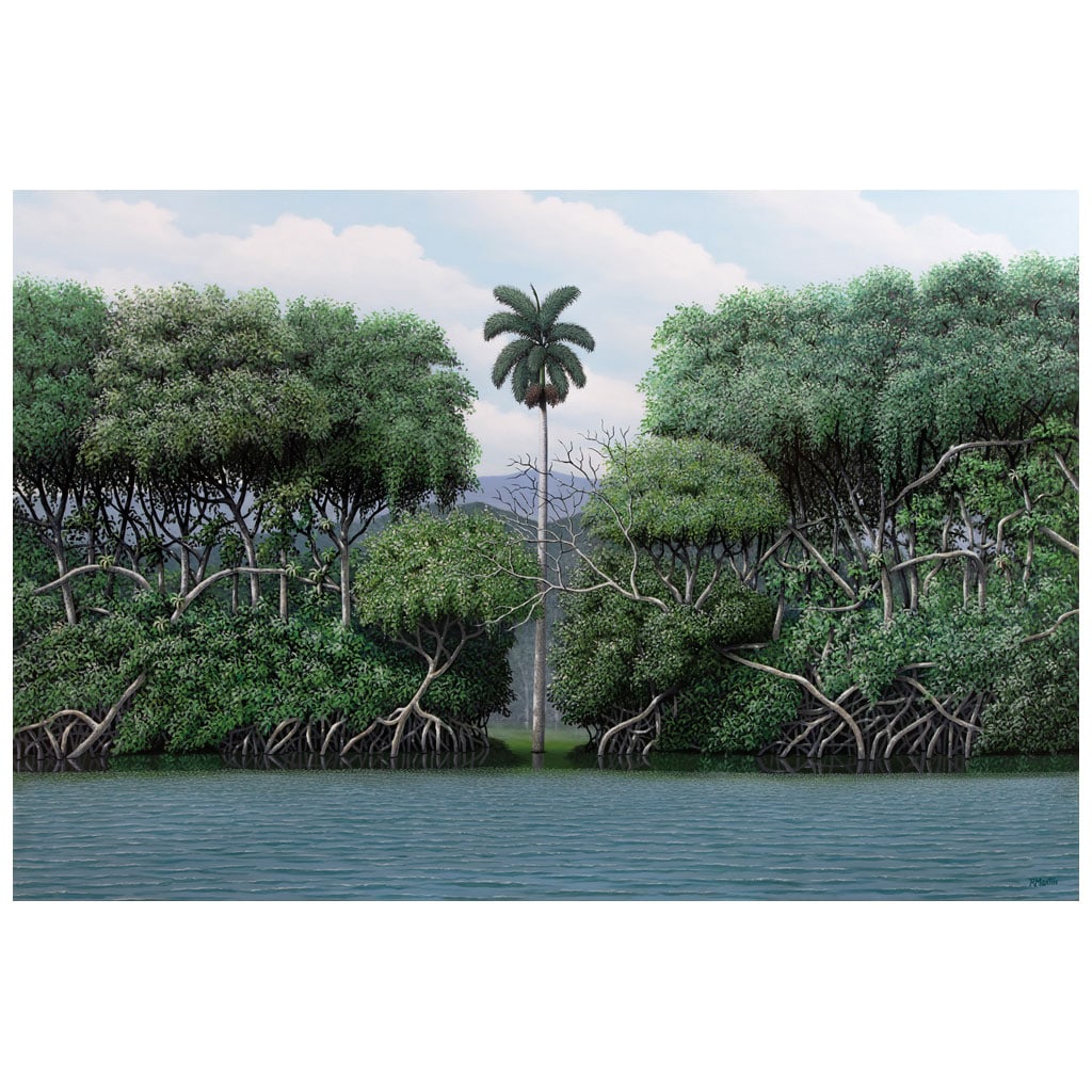 RENÉ MART?N. Manglar dividido. Firmado al frente y al reverso. Acrílico sobre tela. 100 x 150 cm.: RENÉ MART?N(La Habana, Cuba, 1952 - )Manglar divididoFirmado al frente y al reversoAcrílico sobre telaCon certificado de autenticidad del artista.René Martín originalmente estudió Arquitectura y