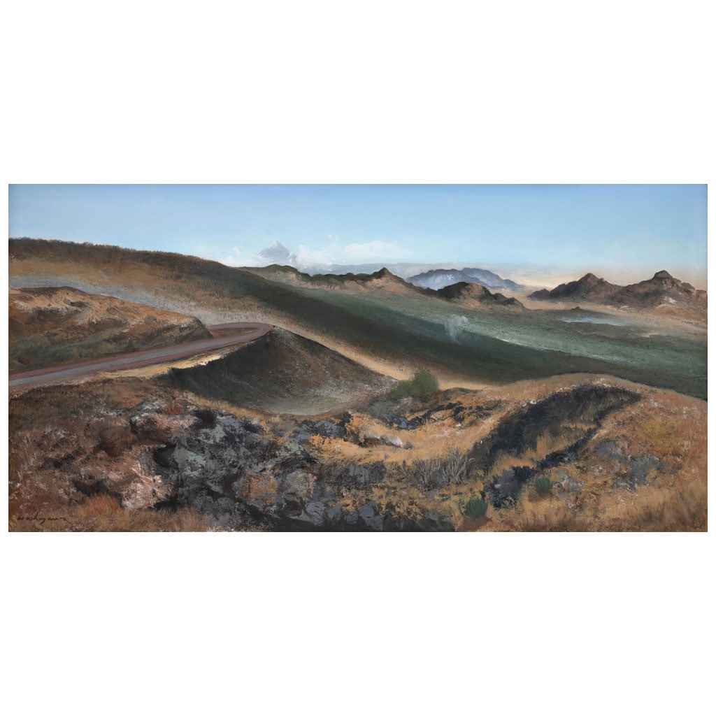 LUIS NISHIZAWA. Tepoztlán. Firmado al frente y al reverso. Óleo sobre tela sobre madera. 40 x 78.5 (1 of 1)