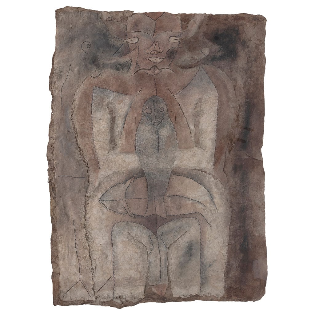 FRANCISCO TOLEDO. Man with fish. Firmada. Mixta sobre papel amate. 73.6 x 50 cm. Con documento.: FRANCISCO TOLEDO(Juchitán, Oaxaca, 1940 - Oaxaca, Oaxaca, 2019)Man with fishFirmadaMixta sobre papel amateCon recibo de compra de Christie's, junio de 2011.Procedencia: adquirida en Christie’s, Nue