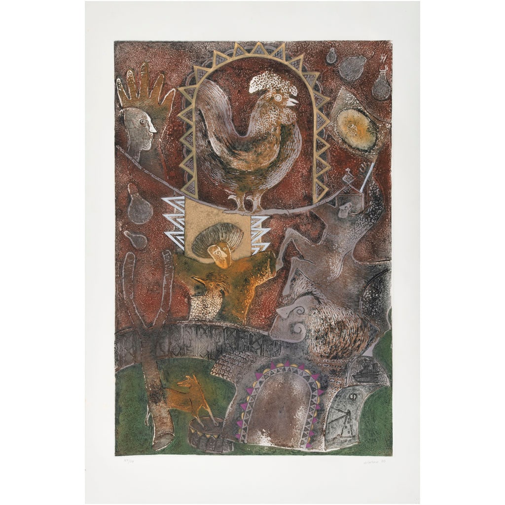 ?LVARO SANTIAGO. Rooster. Firmado y fechado 90. Grabado al aguafuerte y aguatinta 27 / 29. 97.5 x: ?LVARO SANTIAGO(Oaxaca, Oaxaca, 1953 - )RoosterFirmado y fechado 90Grabado al aguafuerte y aguatinta 27 / 29Con sello de agua del Taller de Mario Martín del Campo.97.5 x 64.5 cm medidas de la imagen1