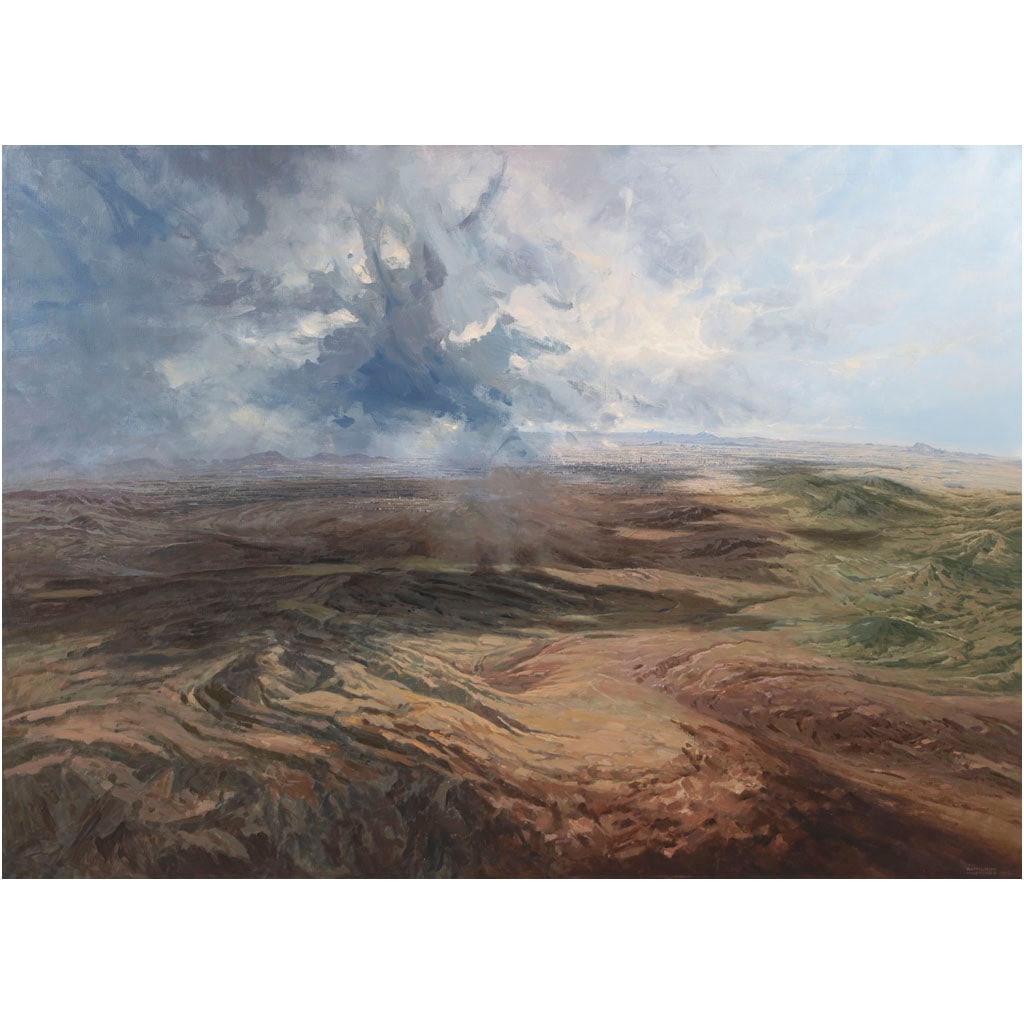 RAYMUNDO MART?NEZ. Valle de México. Firmado y fechado 1985. Óleo sobre tela. 130 x 180.2 cm: RAYMUNDO MART?NEZ(Ciudad de México, 1938 - Ciudad de México, 2023) Valle de México Firmado y fechado 1985Óleo sobre telaPresenta mínimos detalles de conservación."Raymundo que es amoroso conoced