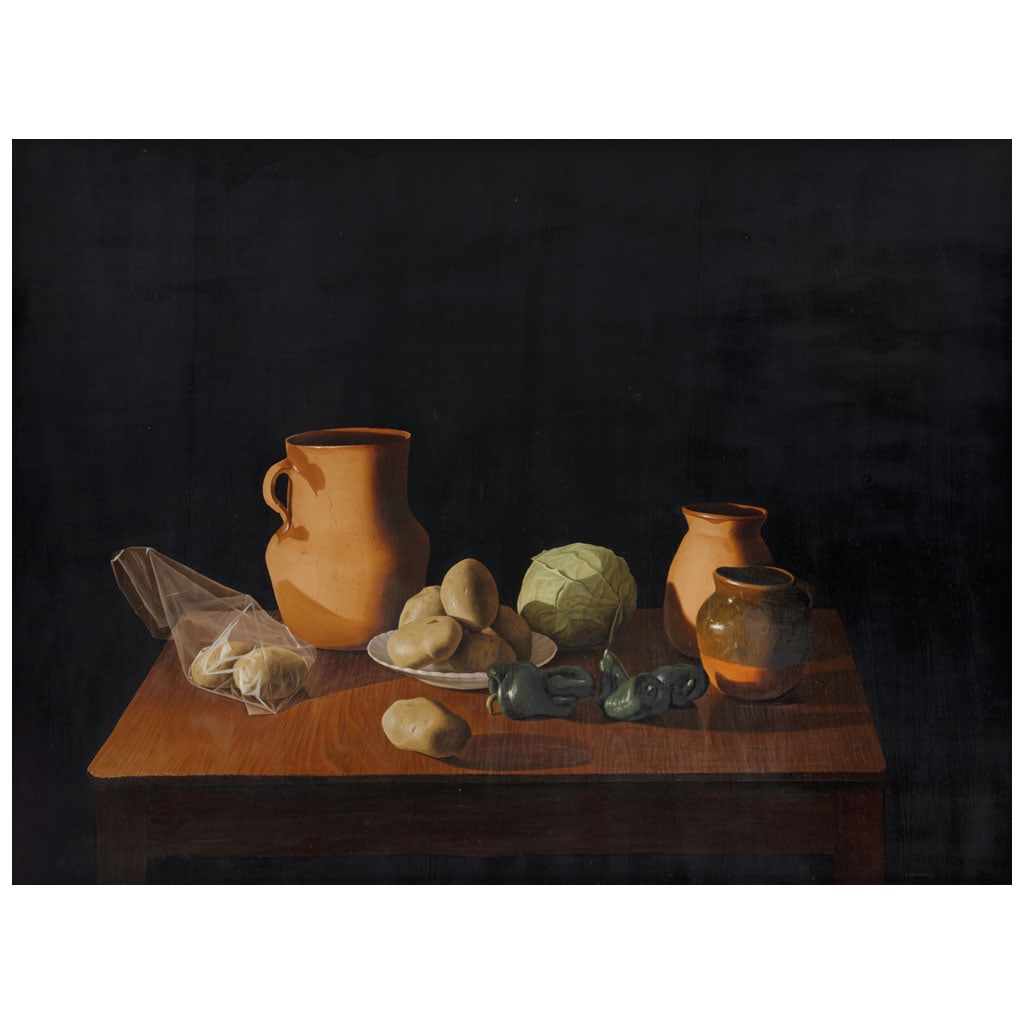 SANTIAGO CARBONELL. Vasijas. Firmado. Óleo sobre tela. 60 x 79.5 cm: SANTIAGO CARBONELL(Quito, Ecuador, 1960 - ) Vasijas FirmadoÓleo sobre telaCon etiqueta de Galería de Arte Misrachi.Presenta mínimos detalles de conservación.60 x 79.5 cm