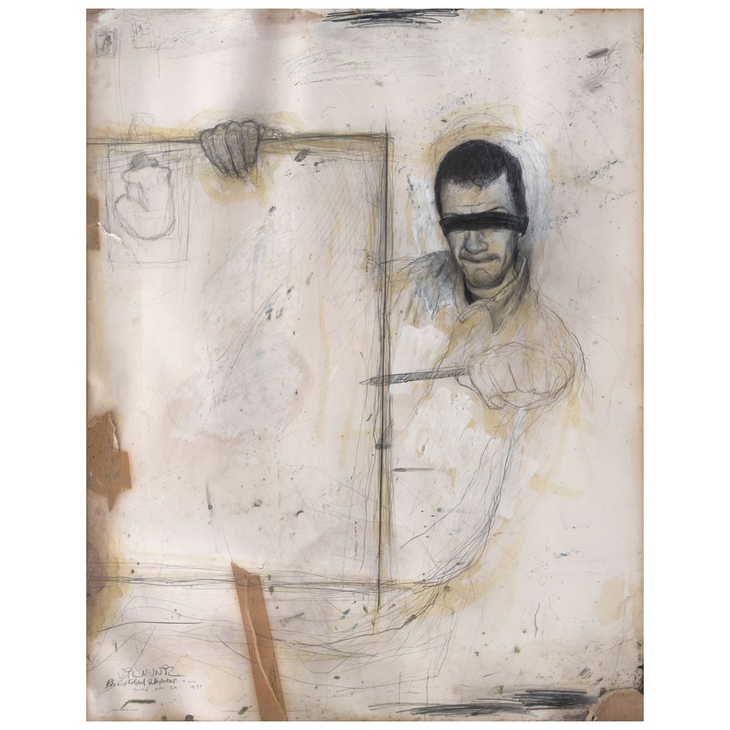 VIK MUNIZ. Blindfolded self - portrait. Firmado y fechado nov 29 1990. Gouache, lápiz de grafito y (1 of 1)