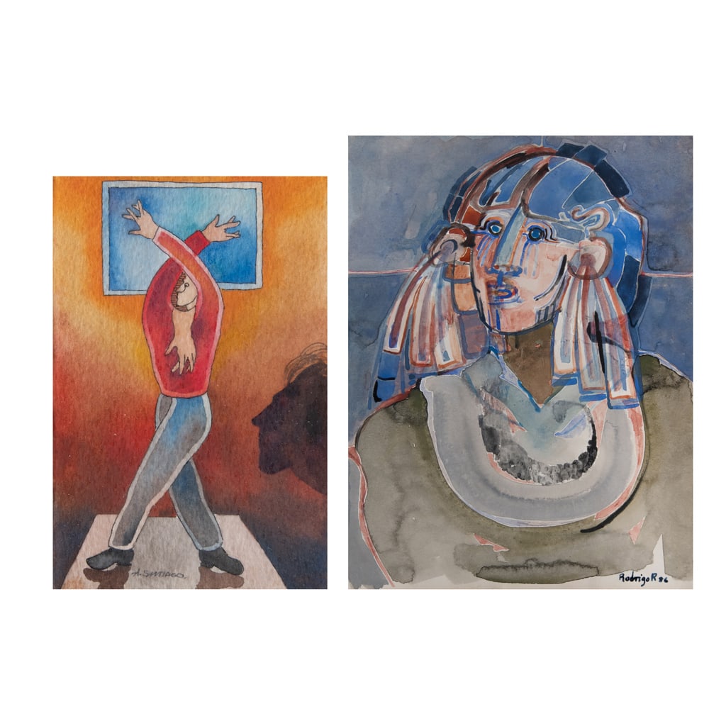 ?LVARO SANTIAGO y RODRIGO PIMENTEL. Sin título. Gouaches sobre papel. A) Firmado. 12.5x8cm. B): A) ?LVARO SANTIAGO(Oaxaca, 1953 - )Sin títuloFirmadoGouache sobre papel12.5 x 8 cmB) RODRIGO PIMENTEL(Michoacán, 1945 - Ciudad de México, 2022)Sin títuloFirmado y fechado 86Gouache sobre papel20.5