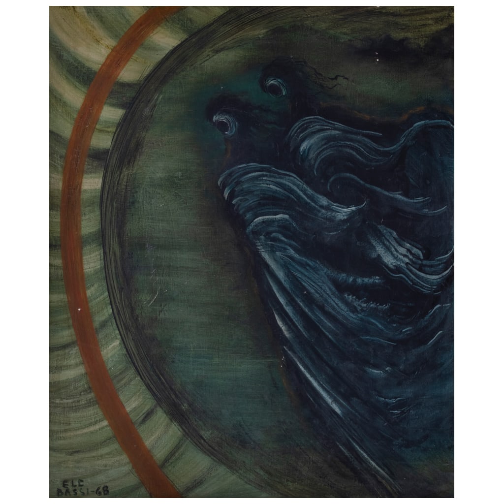 SOF?A BASSI. Saetas. Firmado y fechado 68 ELC. Óleo sobre tela. 60 x 50 cm. Con copia de: SOF?A BASSI(Veracruz, 1913 - Ciudad de México, 1998) Saetas Firmado y fechado 68 ELCÓleo sobre telaCon copia membretada de constancia de opinión de Fundación Sofía Bassi, julio de 2026.Con etique
