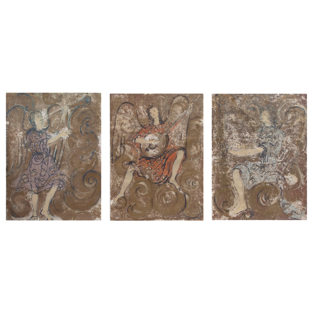 CARMEN PARRA. Arcángeles músicos. Firmadas. Serigrafías P. A., tríptico. 75 x 54cm medidas de: CARMEN PARRA(Ciudad de México, 1944 - ) Arcángeles músicos FirmadasSerigrafías sobre papel hecho a mano P. A., trípticoPiezas: 3, enmarcadas juntas75 x 54.5 cm medidas totales de cada una