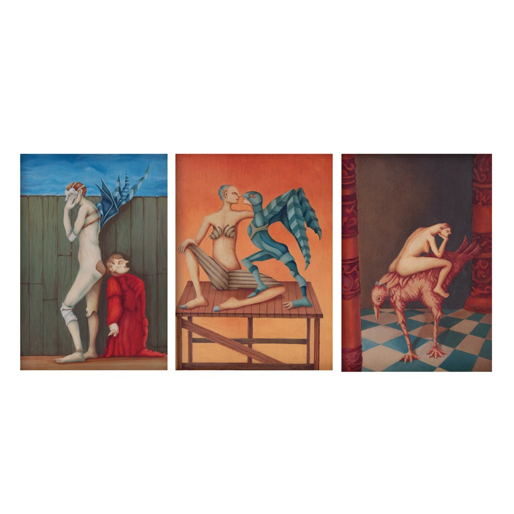 ADELA TRUETA. Sin título. Firmados y fechados 1982. Óleo sobre madera. 28.5 x 19.75 cm medidas de: ADELA TRUETA(México) Sin título Firmados y fechados 1982Óleo sobre maderaPiezas: 3Procedencia: pertenecieron a la colección de María Luisa Novelo.Presentan mínimos detalles de conservación.28.5
