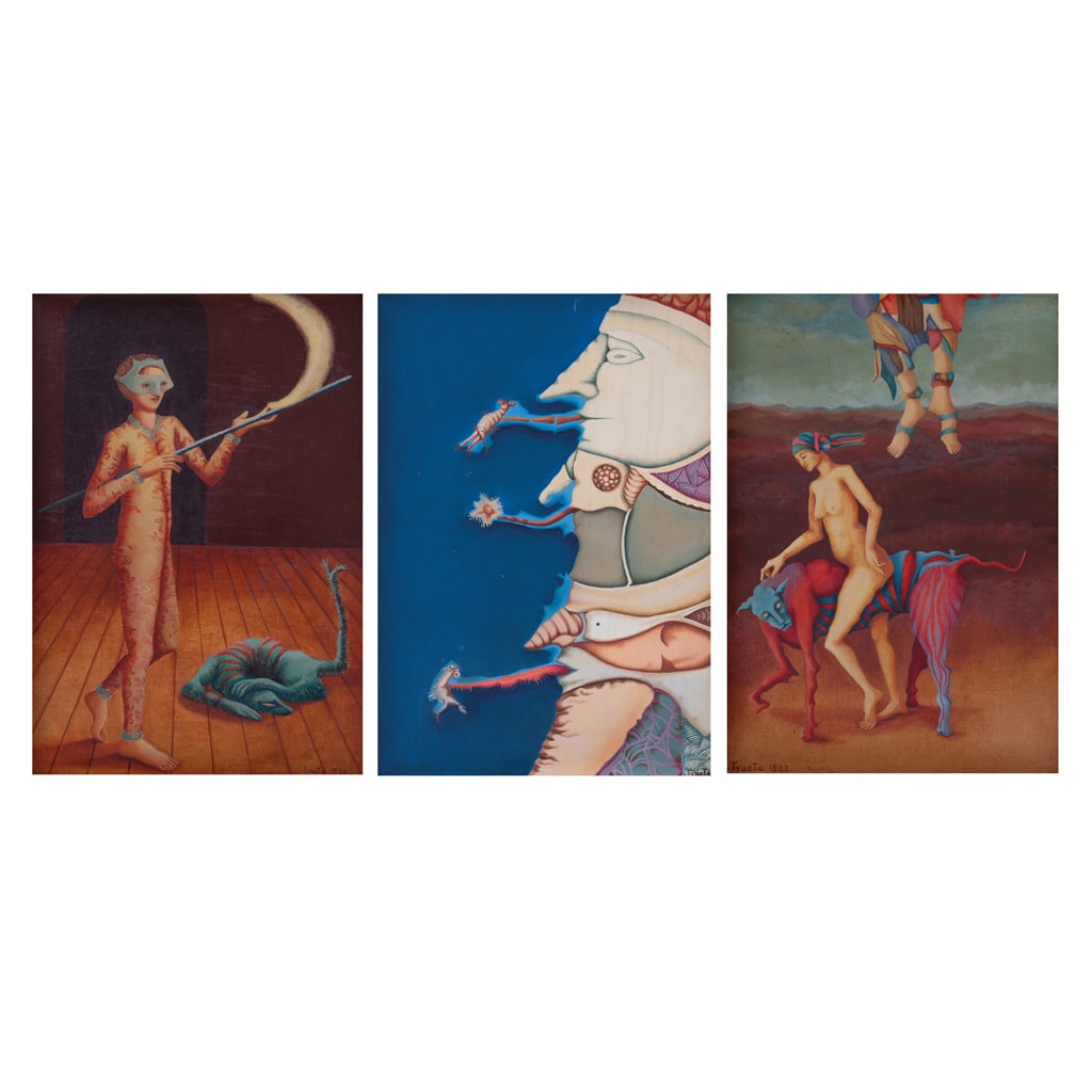 ADELA TRUETA. Sin título. Firmados y fechados 1982. Óleo sobre madera. 28.5 x 19.75 cm medidas de: ADELA TRUETA(México) Sin título Firmados y fechados 1982Óleo sobre maderaPiezas: 3Procedencia: pertenecieron a la colección de María Luisa Novelo.Presentan mínimos detalles de conservación.28.5